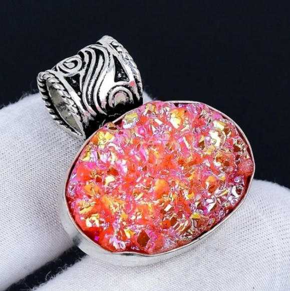 Orange Titanium Druzzy Gemstone 925 Sterling Silver Pendant Necklace - Picture 1 of 4